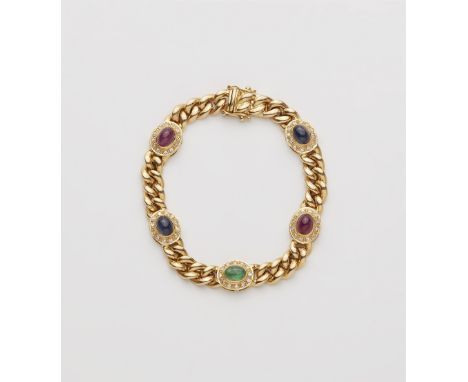Panzerarmband mit Farbsteinen18 kt Gelbgold. Rundpanzer-Muster, gefasst mit zwei ovalen Saphiren (jeweils ca. 1,25 ct, ca. 6,