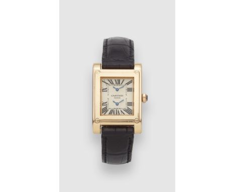 Cartier "CPCP" Tank à Vis dual time18 kt Gelbgold. Rechteckige Herrenarmbanduhr. Zwei weiß guillochierte Zifferblätter für di