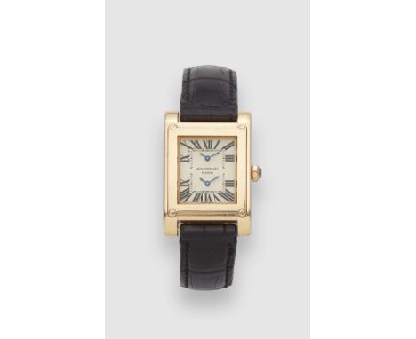 Cartier "CPCP" Tank à Vis dual time18 kt Gelbgold. Rechteckige Herrenarmbanduhr. Zwei weiß guillochierte Zifferblätter für di