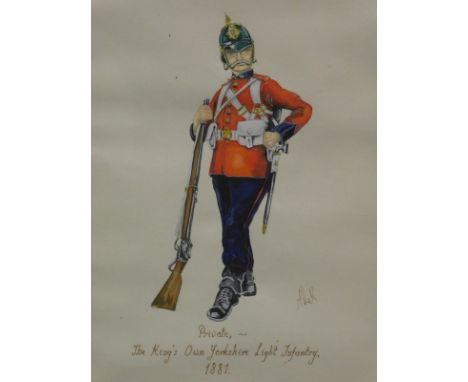 Mike Kay (20thC). Private, The King's Own Yorkshire Light Infantry 1881, gouache, signed, 26cm x 17cm, and E.A.G. Croucher Sa