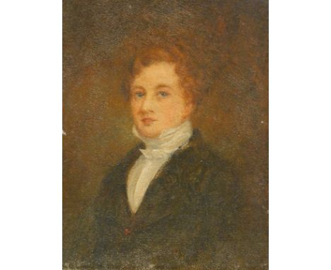 19thC English School. Portrait of a gentleman, quarter profile, oil on board, unsigned, 22cm x 17cm.