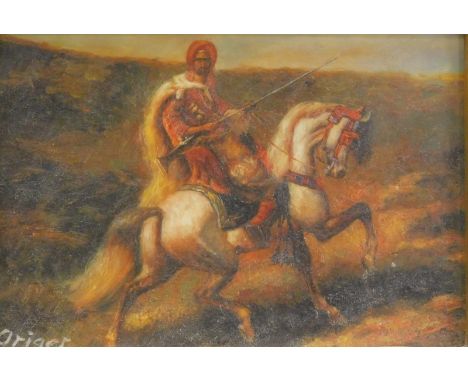 After Origer. Figure on horseback, overglazed print, 12cm x 16cm.