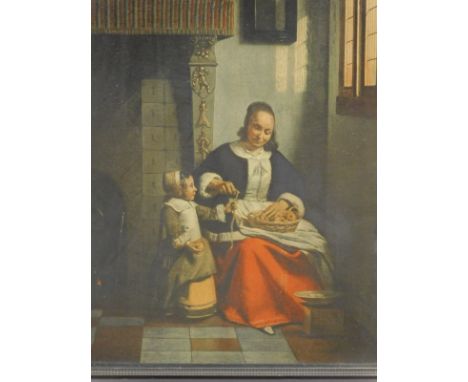 After Van de Hooch. Interior with a woman peeling apples, print, 57cm x 44cm. Gallery label verso L.J. Brown &amp; Co, 37 Han