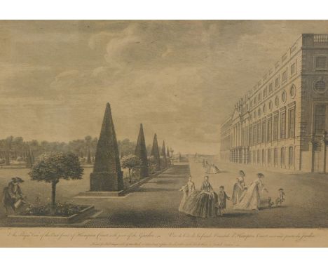 After Tinney. An oblique view of the east front of Hampton Court with part of the garden, gesso tint print, 30cm x 47cm.