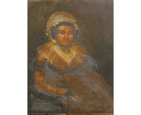 19thC Dutch School. Portrait of a lady, wearing bonnet, oil on canvas, unsigned, 36cm x 31cm.