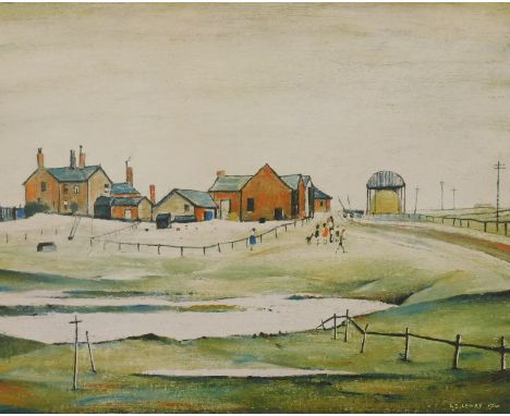 Laurence Stephen Lowry (1887-1976). Landscape with farm buildings, artist signed print, H.L.D blind stamp, Venture Prints, 42