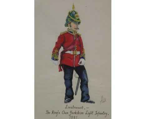 Mike Kay (20thC). Lieutenant, The King's Own Yorkshire Light Infantry 1881, gouache, signed, 22cm x 13cm and another, Bugler 