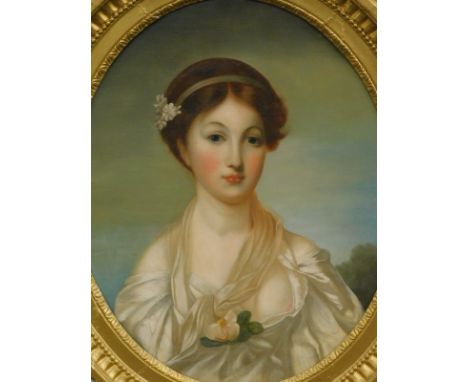 19thC English School. Portrait of a lady, quarter profile wearing flowing robe, oil on canvas, unsigned, 68cm x 50cm.