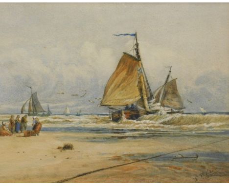 Thomas Bush Hardy (1842-1897). Seascape, boats on a stormy shoreline with figures in the foreground, watercolour, signed and 