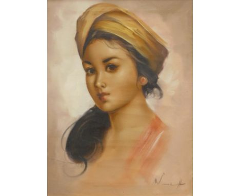 1960s School. Portrait of a girl, quarter profile, indistinctly signed, oil on canvas, 59cm x 43cm.