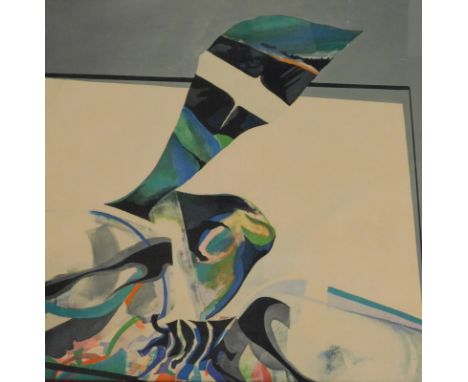 20thC School. Abstract scene print, 70cm x 70cm.