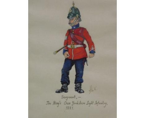 Mike Kay (20thC). Sargeant, The King's Own Yorkshire Light Infantry 1881, gouache, signed, 26cm x 18cm, and another Captain, 
