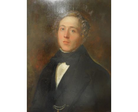 19thC English School. Portrait of a gentleman, quarter profile, wearing jacket, tie and watch chain, oil on stiff canvas, uns