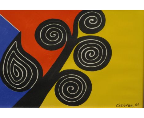 After Calder. Flower on a blue, red and yellow background lithograph print, 44cm x 64cm.