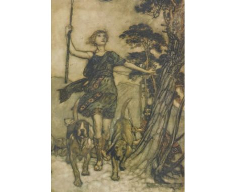 After Rackham. Figure in a woodland with hounds print, 20cm x 12cm and another, Goblin, figure on horseback (2).