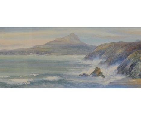 John Rogers (20thC). Seascape, waves crashing at rocks with mountain in the distance, watercolour, signed and dated 2/4/27.4.