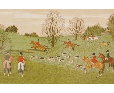 Vincent Haddelsey (1934-2010). Huntsmen and hounds, with huntsmen jumping fence, artist signed print, XIV/XXV EA, 19cm x 29cm