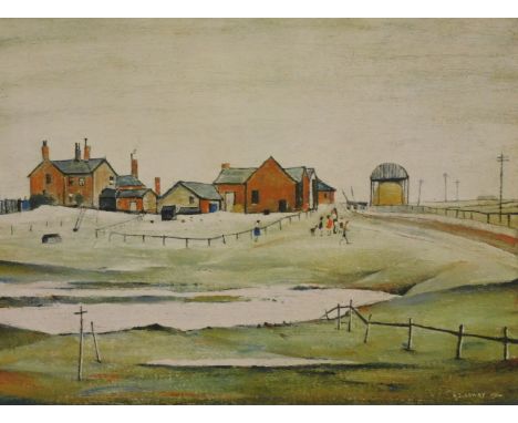 Laurence Stephen Lowry (1887-1976). Landscape with farm buildings, artist signed print, E.J.H. blind stamp, 40cm x 49cm.