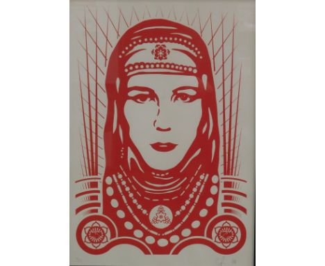 C.P. (fl.2008). Red lady in head dress, artist initialled limited edition print, 7/15, 59cm x 38cm.