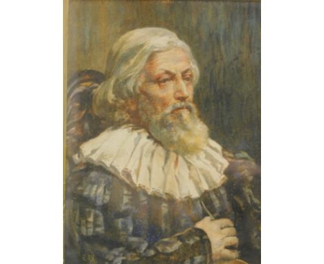 E.R.S. (19thC) Seated gentleman wearing ruff, portrait, quarter profile, watercolour, monogrammed, 31cm x 20cm.