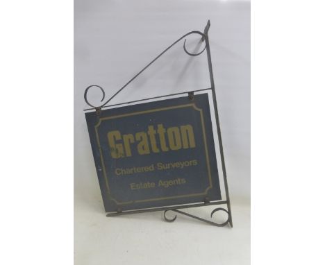 A Gratton Chartered Surveyors and Estate Agents double sided sign on hanging bracket, 25 1/4 x 38" overall.