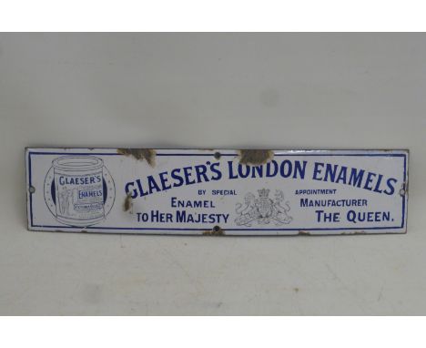 A rare and early enamel sign advertising Glaeser's London Enamels by special appointment enamel manufacturer to Her Majesty t