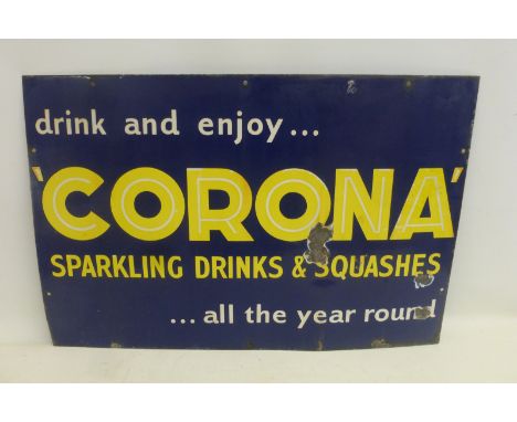 A Corona Sparkling Drinks and Squashes rectangular enamel sign, 30 x 20".