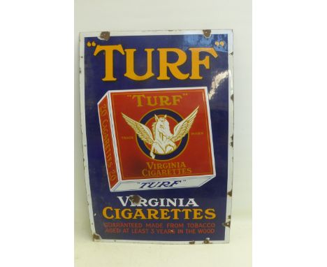A Turf Virginia Cigarettes pictorial packet rectangular enamel sign in good condition, 24 x 36". 
