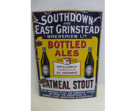 A rare Southdown and East Grinstead Breweries Limited Bottled Ales pictorial enamel sign, with excellent gloss, 25 1/4 x 34 1