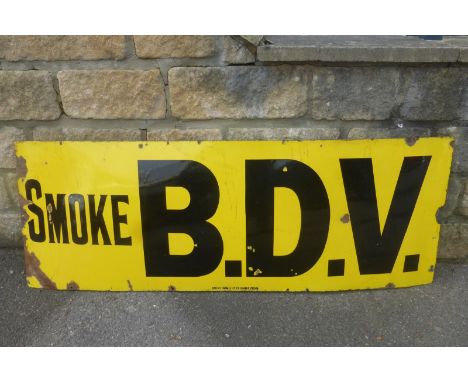 A B.D.V. Tobacco rectangular enamel sign by Patent Enamel, 50 x 18".