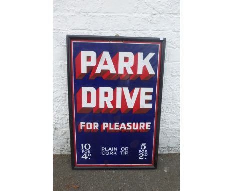 A Park Drive for Pleasure rectangular enamel sign with three small areas retouched, otherwise good gloss, framed, 21 x 31 1/4