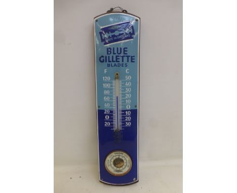 A Gillette Blue Blades two tone blue enamel thermometer with integral barometer, the sign in near mint condition, mounted on 