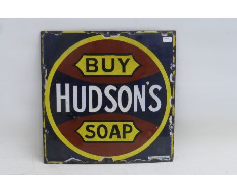 A Hudsons Soap enamel sign, square form with some restoration to the centre, by Chromo, 10 1/2 x 10 1/2".