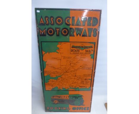 An Associated Motorways Booking Office orange and green part pictorial rectangular enamel sign, 17 x 34 1/2".