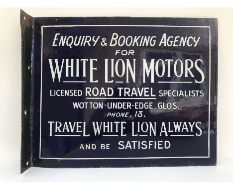 A rare White Line Motors double sided enamel sign, Licensed Road Travel Specialist, Wootton-under-Edge, Gloucestershire, Phon