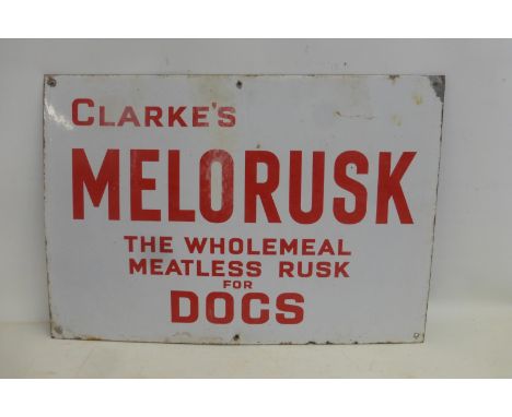A Clarke's Melorusk - The Wholemeal Meatless Rusk for Dogs rectangular enamel sign, 26 x 18".