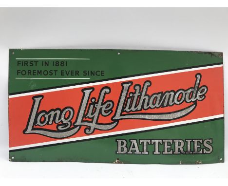 A rare Long Life Lithanode Batteries rectangular enamel sign with crushed glass forming the reflective lettering, 27 x 14".