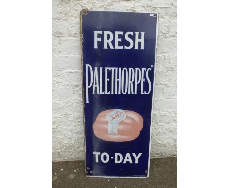 A fresh Palethorpes' To-day part pictorial enamel sign with a bundle of sausages to the centre, by Bruton of Palmers Green, 1
