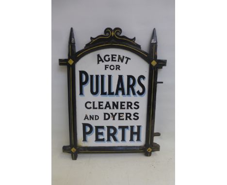 A Pullars Cleaners and Dyers Perth Agency double sided enamel sign set within a shaped, painted wooden frame, the sign in exc