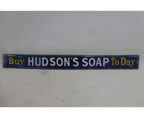 A Hudson's Soap rectangular enamel strip sign with some professional restoration to the centre, 20 x 2".