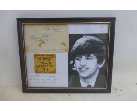 A framed and glazed autograph for Ringo Star from the Beatles, complete with a ticket from their performance at the Gaumont, 