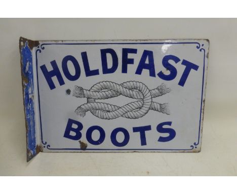 A Holdfast Boots double sided enamel sign with hanging flange, different coloured to each side, with entwined rope motif to t