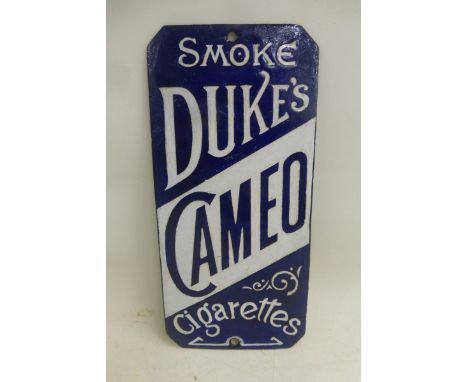An unusual Duke's Cameo Cigarettes enamel finger plate, restored, 3 1/2 x 7 1/2".