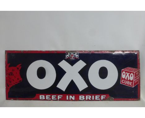 An OXO 'Beef in Brief' rectangular enamel sign, unusually with both packet and bull's head motofs, 48 1/4 x 18".