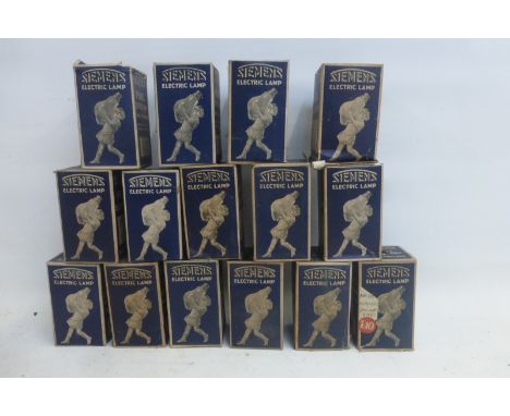 Fifteen boxed Siemens electric lamp bulbs, each box illustrated with the picture of a young girl struggling to carry an overs