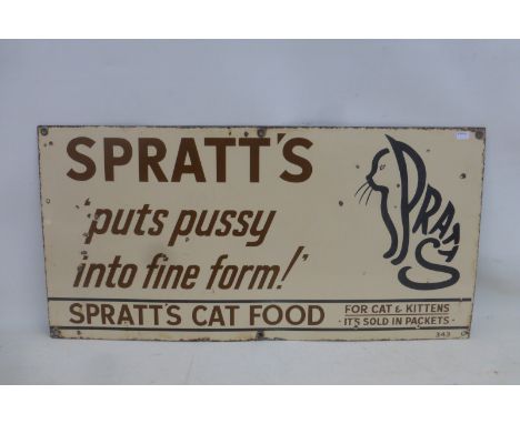 A Spratt's 'Puts Pussy into Fine Form!' part pictorial rectangular enamel sign, 24 x 12 1/4".