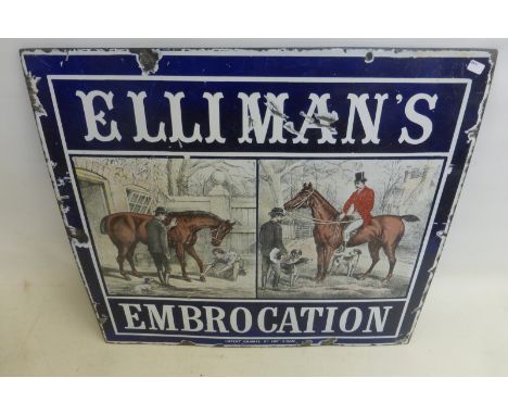 A rare Elliman's Embrocation pictorial enamel sign depicting two scenes with a horse to the left being attended to in the sta