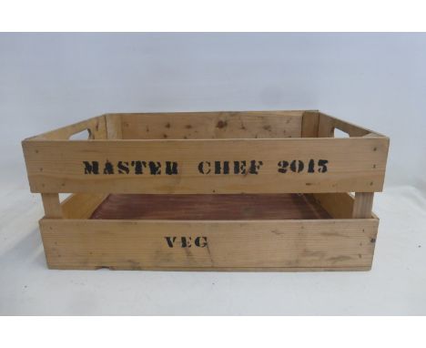 A BBC Props Department wooden crate stamped Master Chef 2015 Veg Box.