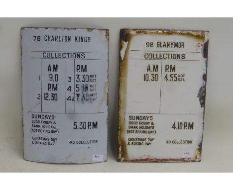 Two Post Office enamel collection time signs each approximately 5 1/2 x 8 1/2".