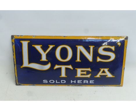 A Lyons' Tea Sold Here pillow shaped convex enamel sign by Bruton of Palmers Green, with excellent gloss, 19 1/4 x 9 1/2".